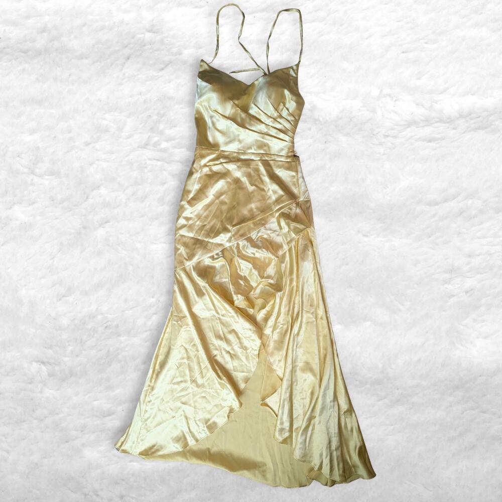 NWT gold satin corset back ruffle maxi dress